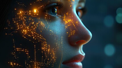 Obraz premium Human face with glowing AI circuitry in a 3D digital transformation illustration. Futuristic concept of artificial intelligence merging with humanity.