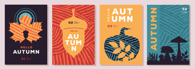 Set of retro flat autumn party posters with autumn floral attributes. Seasonal sale poster. Vector illustration