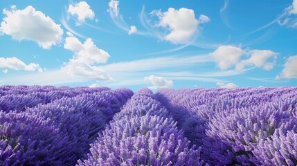 Obraz premium A serene lavender farm with rows of purple flowers and clear blue skies.