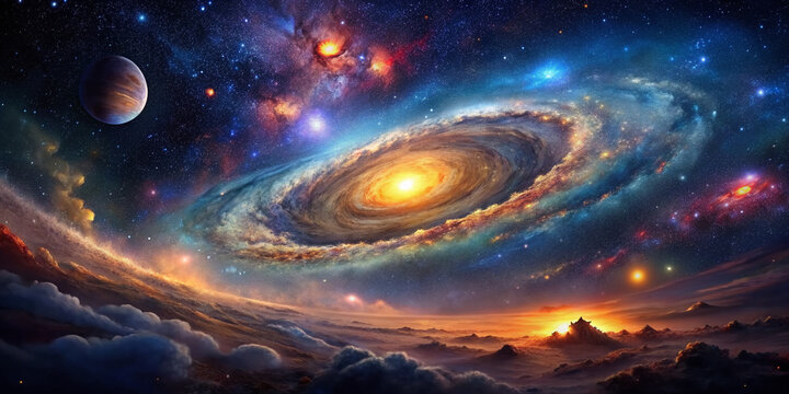 A stunning celestial landscape featuring vibrant, swirling galaxies with radiant starlight, mesmerizing nebulas, and a vast, inky blackness that stretches to infinity.