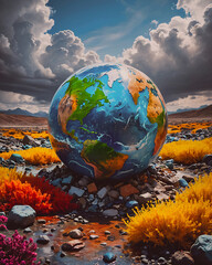 A world globe with a green area and a mountain in the background, 3d illustration