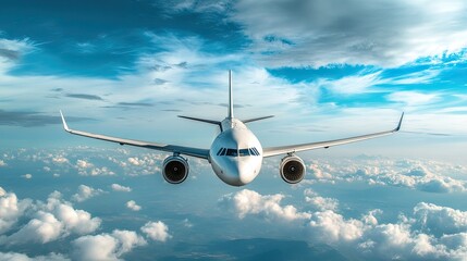 Fototapeta premium Passenger civil airplane jet flying at flight level high in the sky above the clouds and blue sky. View directly in front, exactly
