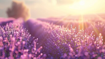 Naklejka premium A serene lavender field with rows of purple flowers and sunshine.