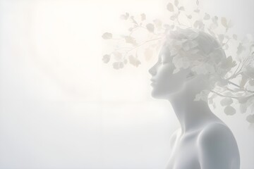Obraz premium Silhouette of a Person with Nature-Themed Mind: White Background for a Relaxing and Peaceful Mood with Copy Space
