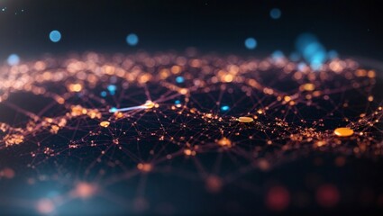 Fototapeta premium Connected World: A mesmerizing abstract landscape of interconnected nodes and glowing lines, symbolizing global networks, data flow, and technological advancement.