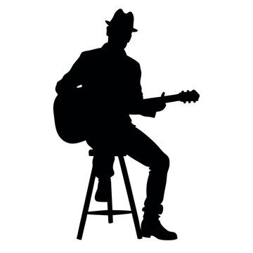 recommend clip art: a singer play guitar sitting on the stool vector silhouette, isolated white background, a cap wear on the head