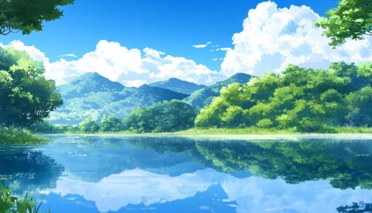 Fototapeta premium Serene Anime Mountain Lake Reflection: Vibrant Forest and Cloudy Sky Landscape. Artistic Capture of Nature's Tranquil Beauty for Cultural Illustrations and Creative Marketing. Seasonal Winter Scene, 4