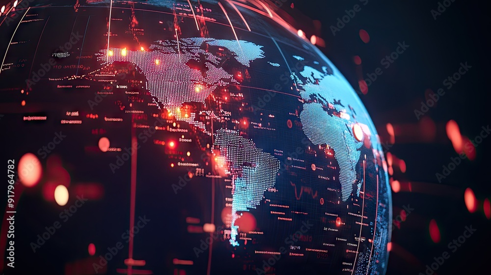 Poster rotating 3d globe with data points, representing global statistics.