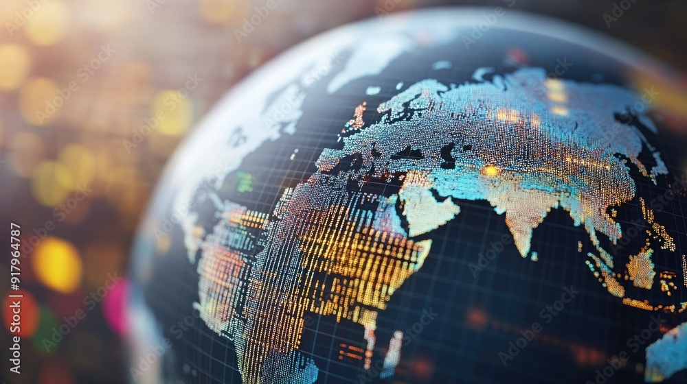 Poster rotating 3d globe with data points, representing global statistics.