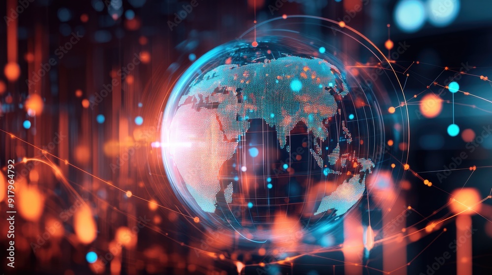 Poster rotating 3d globe with data points, representing global statistics.