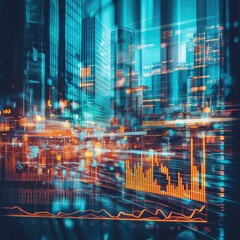 Stock market business concept. Financial graphs and digital indicators with modernistic urban area and skyscrapers as background. Double Exposure.