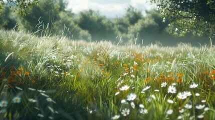 A serene meadow with tall grass and wildflowers swaying in the breeze.