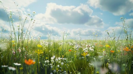 A serene meadow with tall grass and wildflowers under a bright sky.