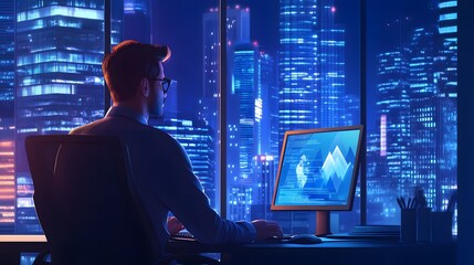 Fototapeta premium Businessman sitting in front of a computer screen Wear glasses and type on the keyboard. He focused on the screen, which displayed various graphs and charts.