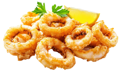 Crispy fried calamari with lemon wedge and parsley, cut out - stock png.