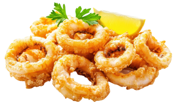 Crispy fried calamari with lemon wedge and parsley, cut out - stock png.