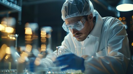 A scientist in a lab coat and safety goggles works intently in a laboratory.