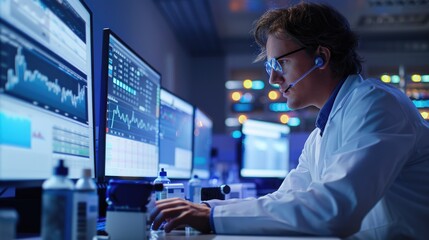 A scientist in a lab coat uses a computer with data visualization. He is wearing a headset and focused on his work.