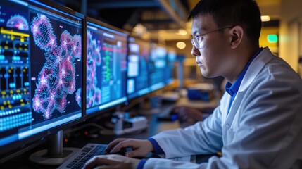A scientist in a lab coat works at a computer, analyzing data on a screen with a network visualization.