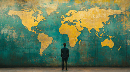 Stand Out in the World - Person on World Map with Copy Space for Textual Overlay, Standing Apart from Group