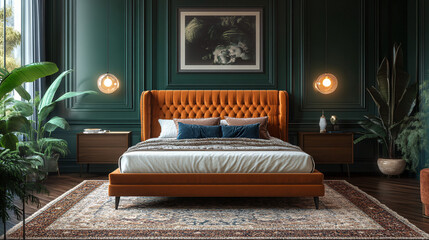Elegant Velvet Bed Mockup with Spacious Copy Space Above Headboard in Luxurious Bedroom Interior