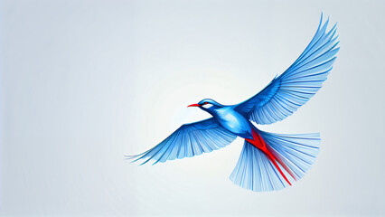 Obraz premium Graceful Flight: Stylized Art of a Bird in Modern Gradients, Capturing the Beauty and Freedom of Nature with Vibrant Blue and Red Feathers Against a Calm Background.