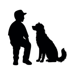 a vector silhouette, a boy with his dog vector art illustration