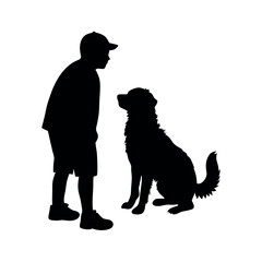 a vector silhouette, a boy with his dog vector art illustration