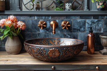 Vintage bronze sink with intricate scrollwork reminiscent of old-world craftsmanship and luxury. Antique design concept