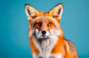 Fototapeta premium Close-up portrait of a red fox on a plain blue background. Concept of wild animal protection, animal care