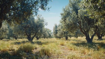 Fototapeta premium A serene olive grove with ripe olives ready for harvest.