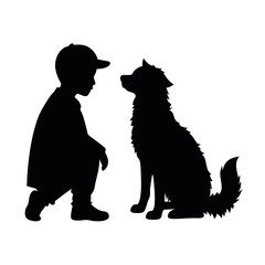 a vector silhouette, a boy with his dog vector art illustration