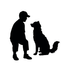 a vector silhouette, a boy with his dog vector art illustration