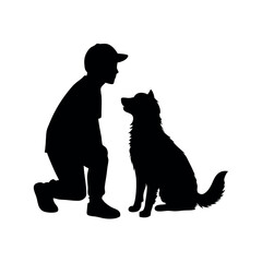 a vector silhouette, a boy with his dog vector art illustration