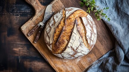 Fototapeta premium Top view of a rustic loaf of sourdough bread on a wooden cutting board. -