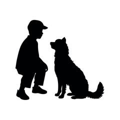 a vector silhouette, a boy with his dog vector art illustration