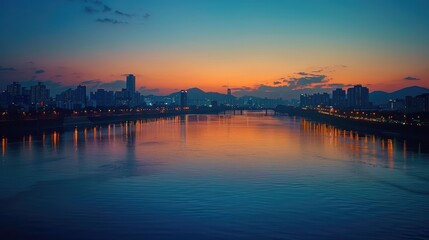 Naklejka premium A serene cityscape at dawn, with a calm river reflecting the warm glow of the rising sun.