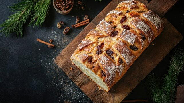 Top view of a sweet cinnamon raisin bread loaf on a wooden board.