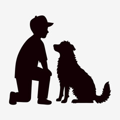 a vector silhouette, a boy with his dog vector art illustration