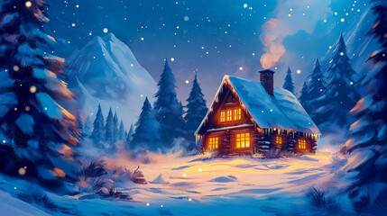 Fototapeta premium Charming Mountain Cabin Blanketed in Snow with Curling Smoke and Twinkling Lights, Surrounded by Pine Trees—Bright and Colorful Cartoon Anime Illustration