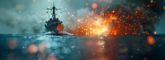 A ship is in the middle of a battle with a lot of fire and smoke by AI generated image