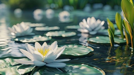 A serene pond with lily pads and blooming water lilies.