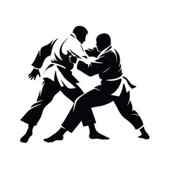 Judo, two male fighters, isolated vector silhouette, ink drawing, vector silhouette