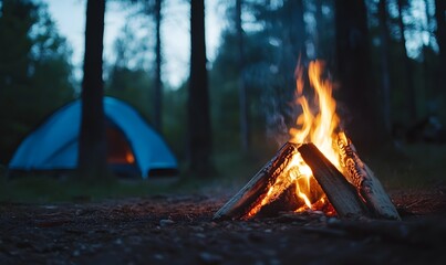 Big campfire in front of campsite tent,  Generative AI