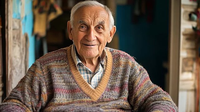 An elderly man sits in a wheelchair and smiles at the camera. People with disabilities