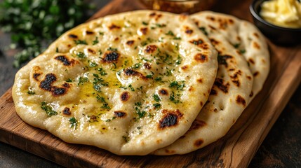 Top view of naan bread on a wooden board with a side of garlic butter.