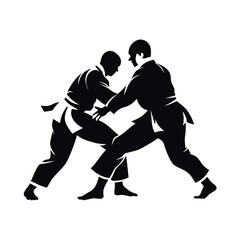 Judo, two male fighters, isolated vector silhouette, ink drawing, vector silhouette