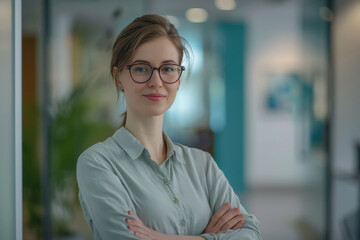 close up of young beautiful business woman wearing eyeglasses