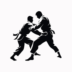 Judo, two male fighters, isolated vector silhouette, ink drawing, vector silhouette