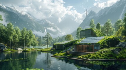 Fototapeta premium A serene mountain landscape with a small cabin nestled by a lake, surrounded by lush greenery and snow-capped peaks.